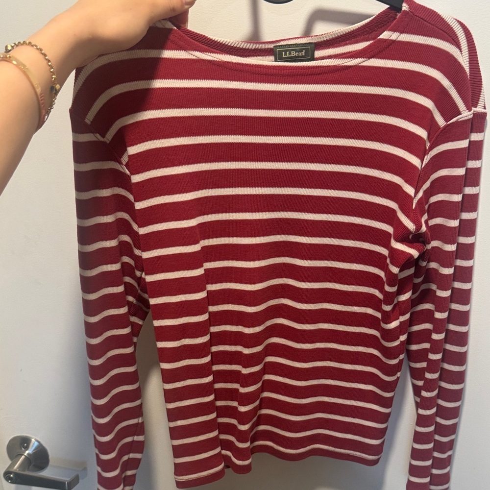L.L. Bean Red and White Striped Long-Sleeve Knit Top